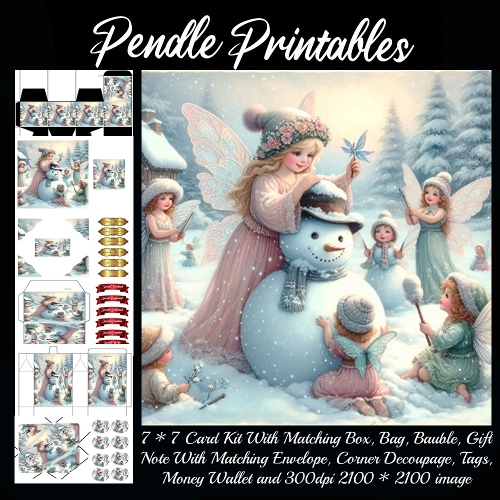 NEW STORY CARD. Playful snow fairies decorate snowman, giggling as winter magic sparkles!