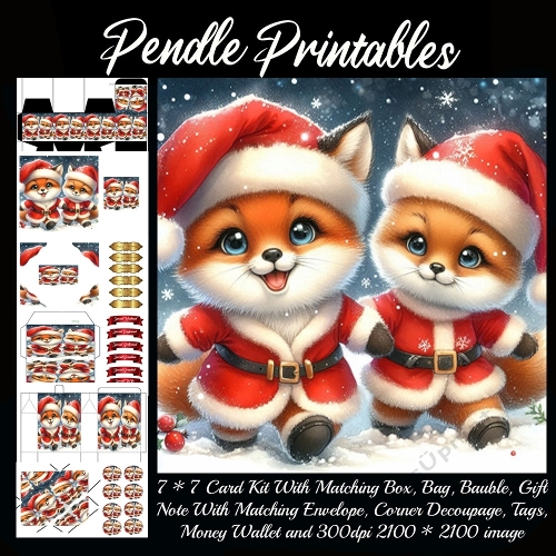 NEW STORY CARD. Cheery Christmas fox pals waddle together, Santa suits sparkling with joy!