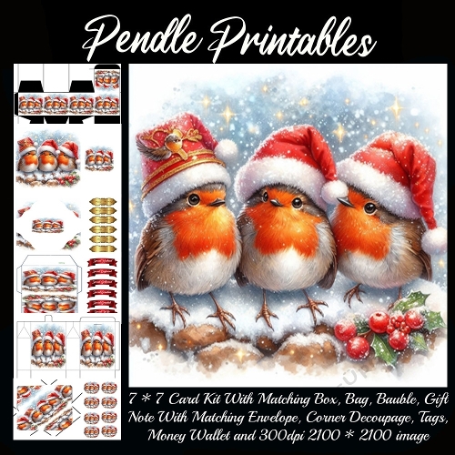 NEW STORY CARD. Festive robin trio chirps happily, Santa hats bobbing in snowy sparkle!