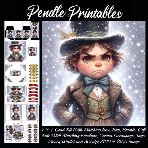 NEW STORY CARD. Feisty winter kid scowls bravely, snowflakes trembling before tiny determination!