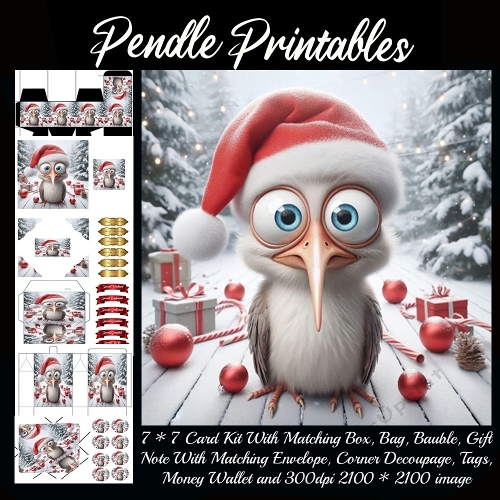 NEW STORY CARD. Goofy winter bird stares wide-eyed, Santa hat slipping during snowy surprise!