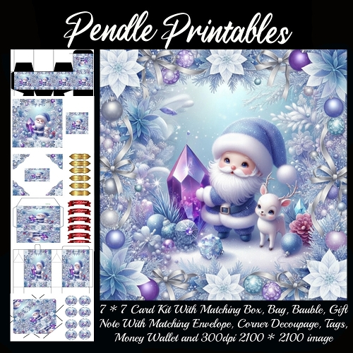 NEW STORY CARD. Tiny crystal Santa sparkles happily, magical gems twinkling beside baby reindeer!