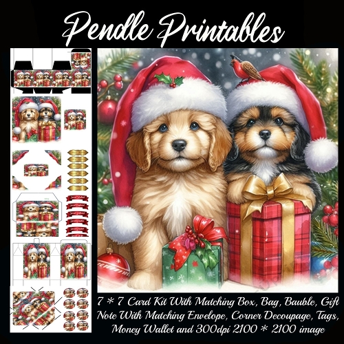 NEW STORY CARD. Festive puppies share gifts, Santa hats glowing beneath twinkling lights!