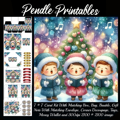 NEW STORY CARD. Cheerful children sing carols beneath sparkling tree and floating notes!