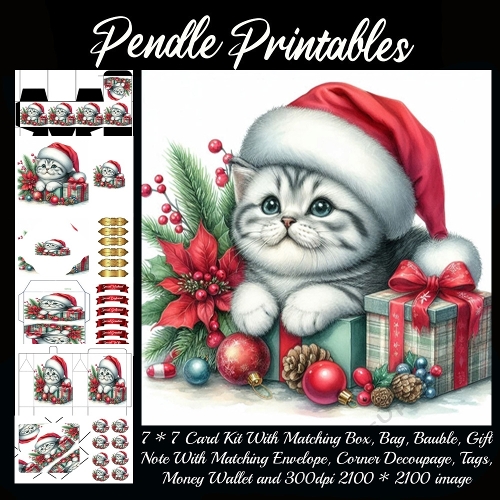 NEW STORY CARD. Tiny Santa kitten guards gifts with paws, sparkles, and holiday cheer!