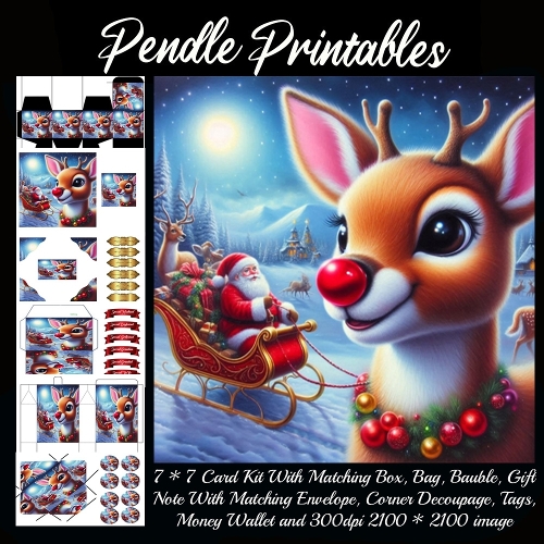 NEW STORY CARD. Rudolph strikes a pose while Santa sleighs through moonlit magic.
