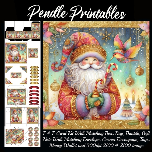NEW STORY CARD. Whimsical Santa sips cheer while rainbow bird flutters festive magic.