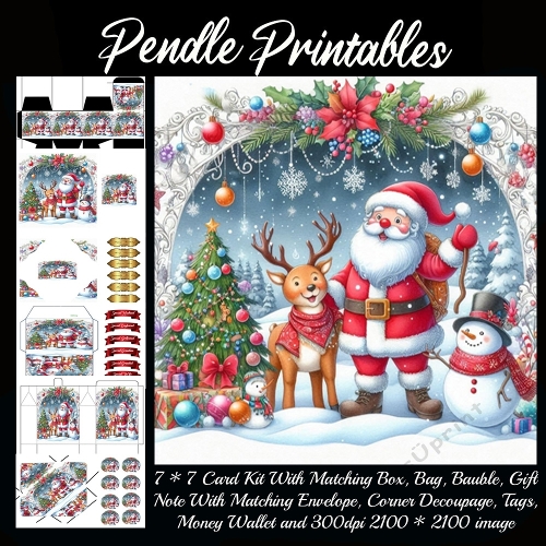 NEW STORY CARD. Santa waves proudly beside Rudolph and snowman under sparkling holiday arch.