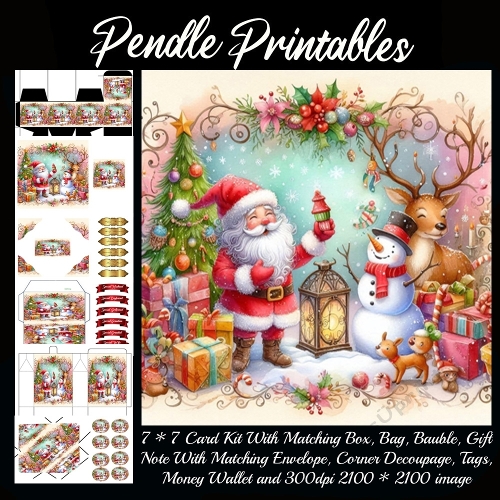 NEW STORY CARD. Santa celebrates with snowman, reindeer, gifts, lantern, smiles everywhere tonight.
