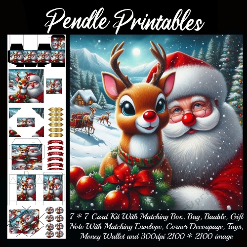 NEW STORY CARD. Santa and Rudolph smile together beneath snowy moonlit Christmas night.