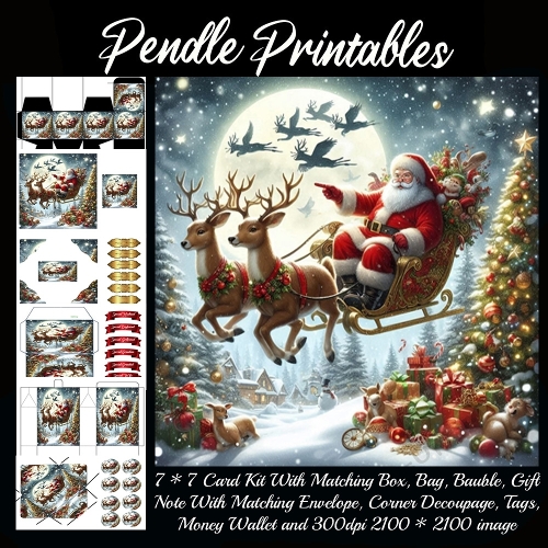 NEW STORY CARD. Santa soars moonlit skies, pointing joyfully as reindeer race onward.