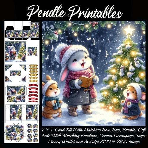 NEW STORY CARD. Joyful bunny sings carols with friends beside glowing Christmas tree.