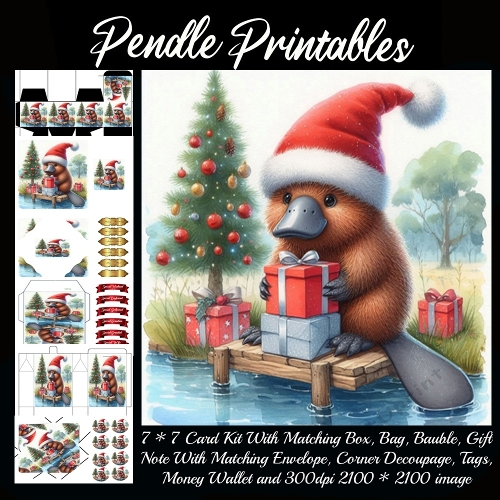 NEW STORY CARD. Platypus Santa proudly guards presents beside a twinkling Christmas tree.