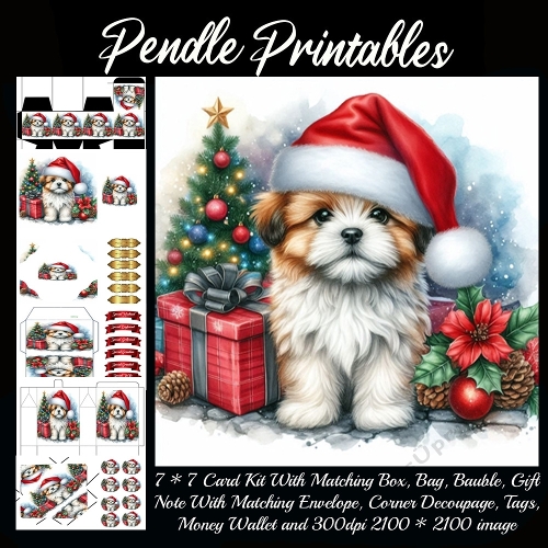 NEW STORY CARD. Fluffy Santa puppy poses proudly beside presents and sparkling Christmas tree.