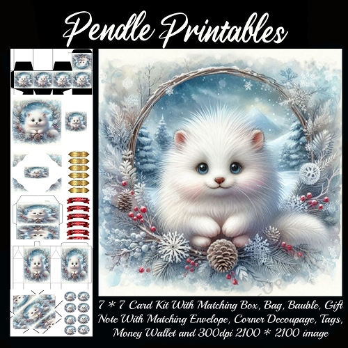NEW STORY CARD. Fluffy winter kitty sits like snowball, guarding holiday magic.
