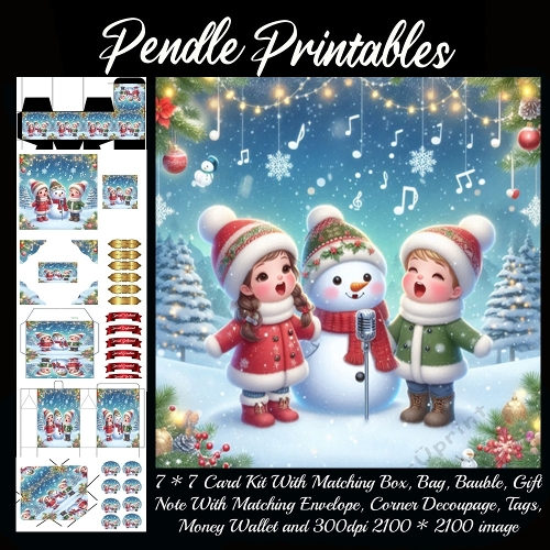 NEW STORY CARD. Tiny carolers sing with snowman, spreading giggles and holiday cheer.