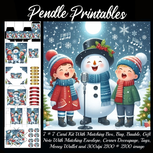 NEW STORY CARD. Happy snowman sings carols with smiling children under snowy moonlight