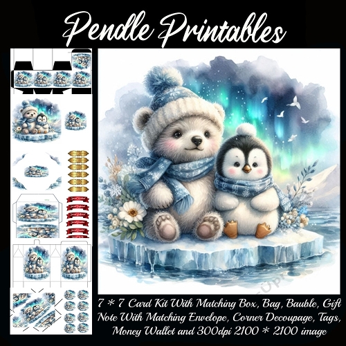 NEW STORY CARD. Cozy polar friends cuddle warmly beneath dancing northern lights together