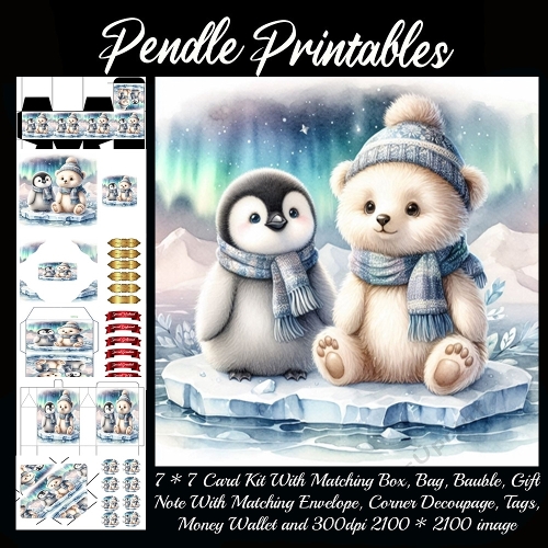 NEW STORY CARD. Cozy bear and penguin cuddle warmly beneath glowing northern lights