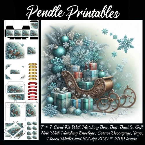 NEW STORY CARD. Magical sleigh overflowing with sparkling gifts amid frosty winter wonderland
