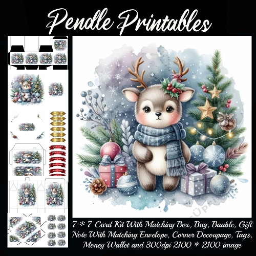 NEW STORY CARD. Adorable Watercolor Reindeer With Scarf Beside Christmas Tree And Presents