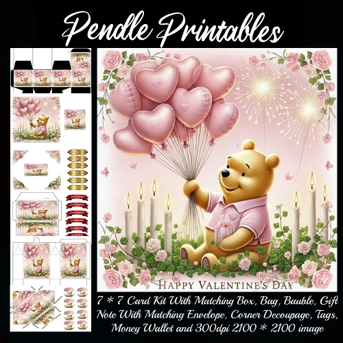 Pink Valentines Bear 1. Full kit, card, box, bag, tag, money wallet and more