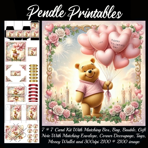 Pink Valentines Bear 7. Full kit, card, box, bag, tag, money wallet and more