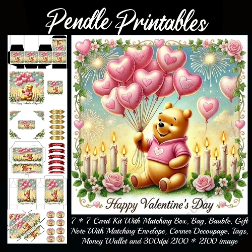 Pink Valentines Bear 11. Full kit, card, box, bag, tag, money wallet and more