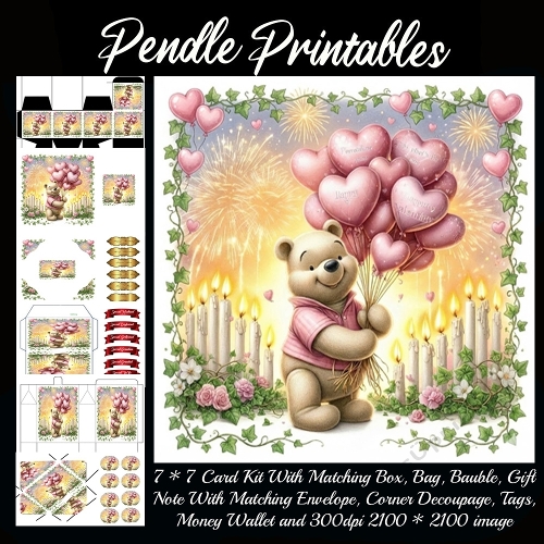 Pink Valentines Bear 14. Full kit, card, box, bag, tag, money wallet and more