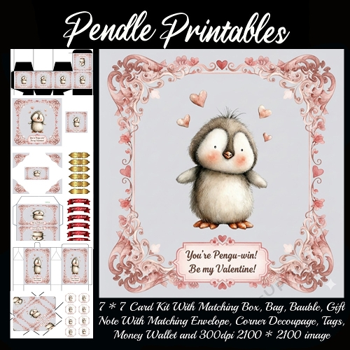 Penguin valentine. Full kit, card, box, bag, tag, money wallet and more