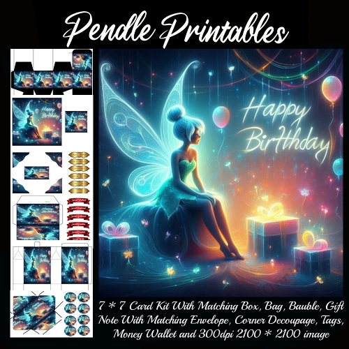 A Magical Moonlit Birthday Wish Under the Glowing Fairy Stars. Card, Giftbag, Money wallet, Tag, Bauble, Gift Card, Envelope. Large Image, Image without border.