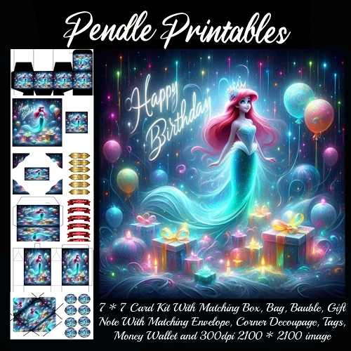 A Magical Underwater Birthday Celebration With A Beautiful Radiant Mermaid. Card, Giftbag, Money wallet, Tag, Bauble, Gift Card, Envelope. Large Image, Image without border.