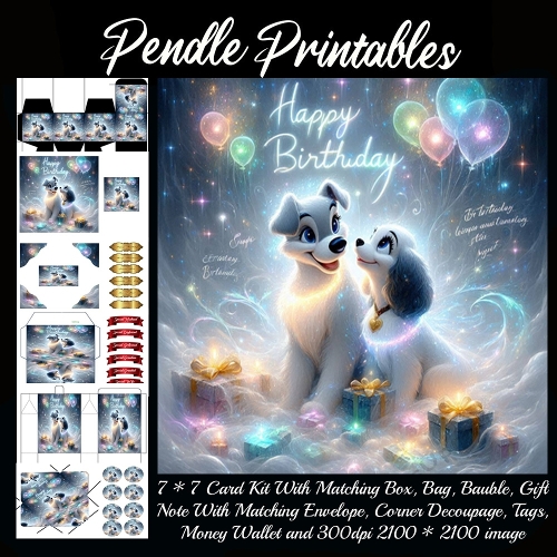 Two Adorable Glowing Puppies Celebrating A Magical And Dreamy Starry Birthday. Card, Giftbag, Money wallet, Tag, Bauble, Gift Card, Envelope. Large Image, Image without border.