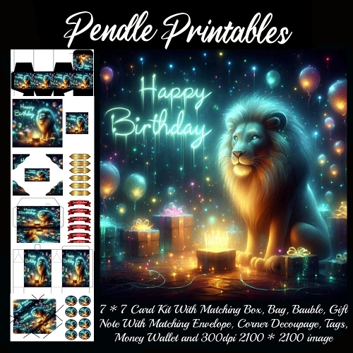 A Majestic Glowing Lion Celebrating A Magical And Radiant Starry Birthday. Card, Giftbag, Money wallet, Tag, Bauble, Gift Card, Envelope. Large Image, Image without border.