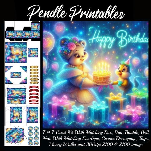 A Sweet Magical Forest Celebration With Adorable Creatures and Birthday Cake. Card, Giftbag, Money wallet, Tag, Bauble, Gift Card, Envelope. Large Image, Image without border.
