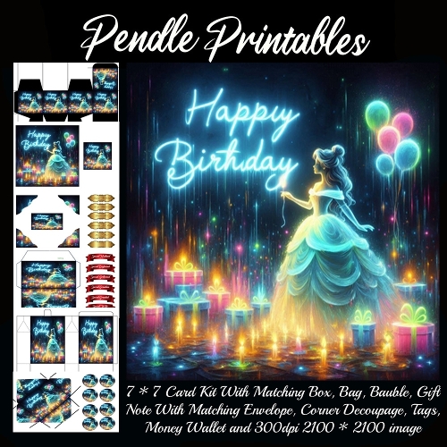 A Glowing Princess Making A Magical Birthday Wish Under Neon Stars. Card, Giftbag, Money wallet, Tag, Bauble, Gift Card, Envelope. Large Image, Image without border.