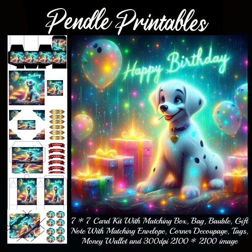 A Happy Little Dalmatian Pup Making A Magical Birthday Wish. Card, Giftbag, Money wallet, Tag, Bauble, Gift Card, Envelope. Large Image, Image without border.