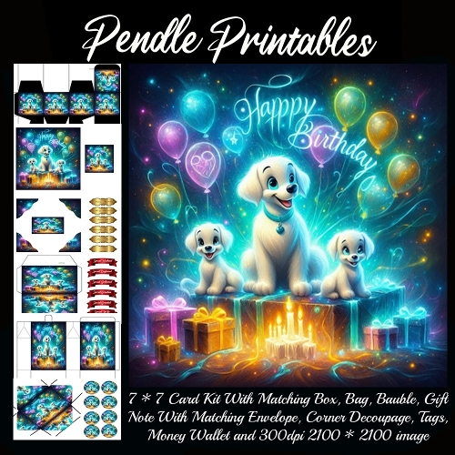 Three Adorable White Puppies Celebrating A Magical Glowing Birthday Surprise. Card, Giftbag, Money wallet, Tag, Bauble, Gift Card, Envelope. Large Image, Image without border.