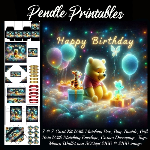A Sweet Magical Birthday Surprise With Pooh And His Friends. Card, Giftbag, Money wallet, Tag, Bauble, Gift Card, Envelope. Large Image, Image without border.