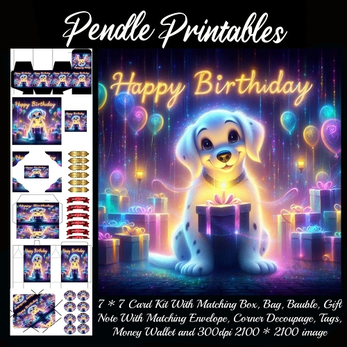 A Glowing Dalmatian Puppy Celebrating A Magical And Sparkling Birthday. Card, Giftbag, Money wallet, Tag, Bauble, Gift Card, Envelope. Large Image, Image without border.