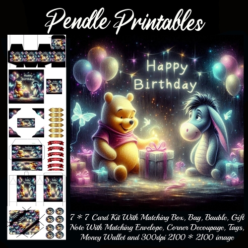 A Heartwarming Magical Birthday Celebration With Pooh Bear And Eeyore. Card, Giftbag, Money wallet, Tag, Bauble, Gift Card, Envelope. Large Image, Image without border.