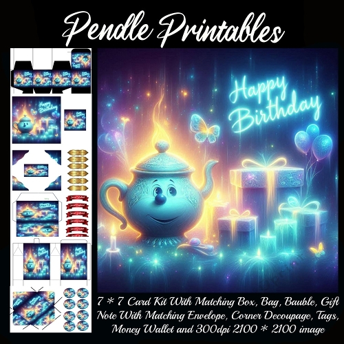 A Magical Glowing Teapot Celebrating A Whimsical Radiant Birthday Surprise. Card, Giftbag, Money wallet, Tag, Bauble, Gift Card, Envelope. Large Image, Image without border.