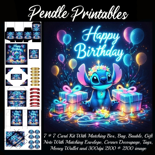 A Magical Birthday Surprise For Stitch Under Radiant Neon Stars. Card, Giftbag, Money wallet, Tag, Bauble, Gift Card, Envelope. Large Image, Image without border.