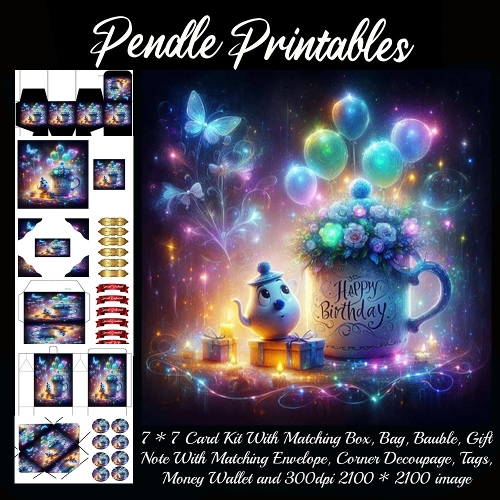 A Glowing Magical Birthday Party With Pooh Bear And Friends. Card, Giftbag, Money wallet, Tag, Bauble, Gift Card, Envelope. Large Image, Image without border.