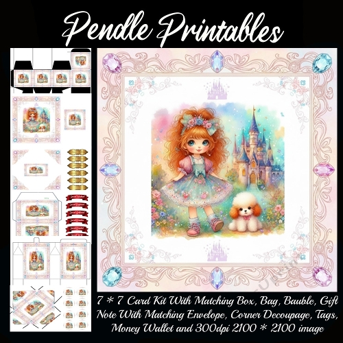 A fairytale princess and her fluffy puppy pal.. . Card, Giftbag, Money wallet, Tag, Bauble, Gift Card, Envelope. Large Image, Image without border.