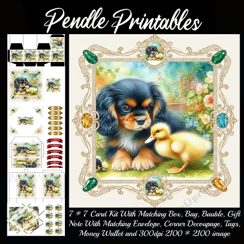 Sweet friendship between a puppy and fluffy duckling . Card, Giftbag, Money wallet, Tag, Bauble, Gift Card, Envelope. Large Image, Image without border.