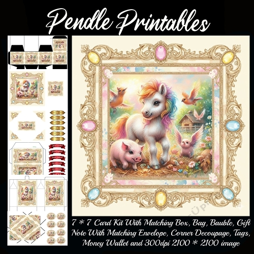 Magical rainbow pony exploring with cute farm friends. . Card, Giftbag, Money wallet, Tag, Bauble, Gift Card, Envelope. Large Image, Image without border.