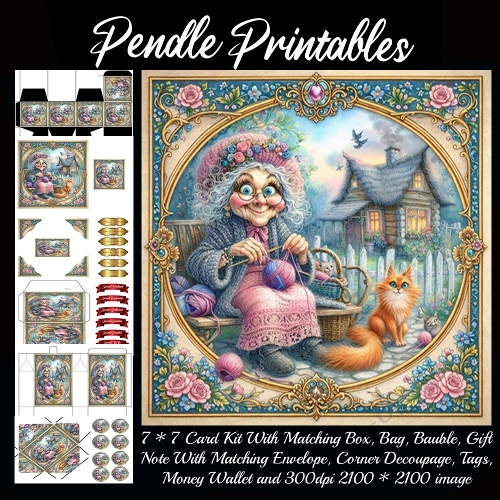 Knitting smiles with playful kittens and cozy cottage . Card, Giftbag, Money wallet, Tag, Bauble, Gift Card, Envelope. Large Image, Image without border.