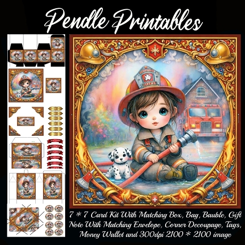Little firefighter and Dalmatian puppy to the rescue . Card, Giftbag, Money wallet, Tag, Bauble, Gift Card, Envelope. Large Image, Image without border.