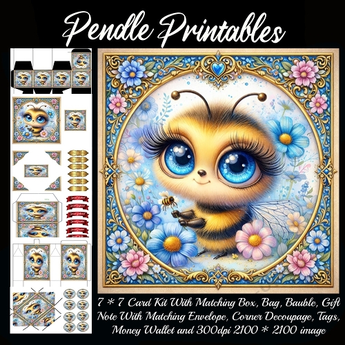 Adorable fluffy bee surrounded by beautiful garden flowers . Card, Giftbag, Money wallet, Tag, Bauble, Gift Card, Envelope. Large Image, Image without border.